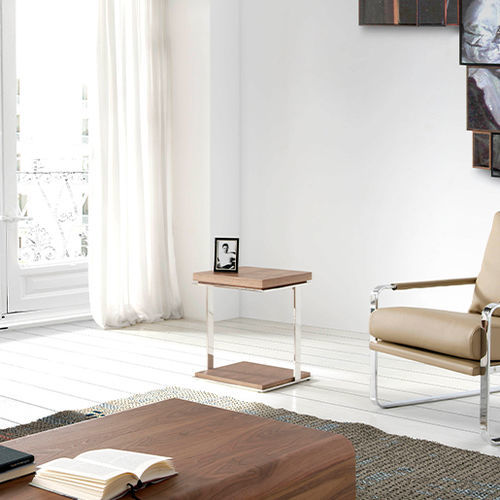 Contemporary side table - 2038 - Angel Cerdá - walnut / chrome steel base / square