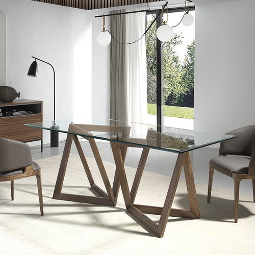 Contemporary Dining Table 1102 Angel Cerdá Tempered Glass Ash Base Walnut Base 4081