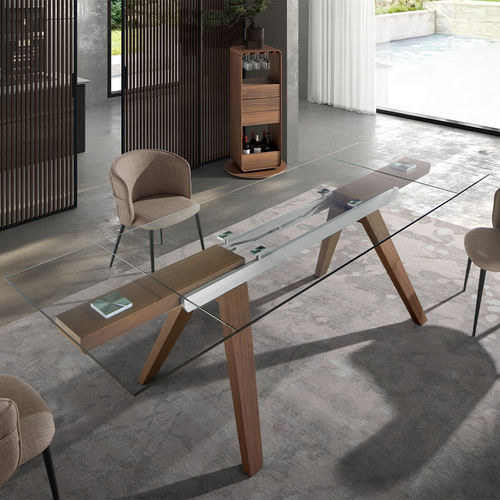 Contemporary dining table - 1131 - Angel Cerdá - tempered glass / wood veneer base / rectangular