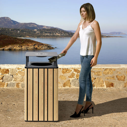 Public trash can - H24 - URBANTIME - metal / oak / with built-in ashtray