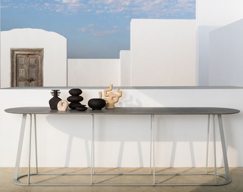 Contemporary console table - Plat-O Server Large  - HALDANE - Dekton® / stainless steel base / oval