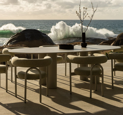 Contemporary dining table - Dombolo 10 - HALDANE - Dekton® / lacquered stainless steel base / oval