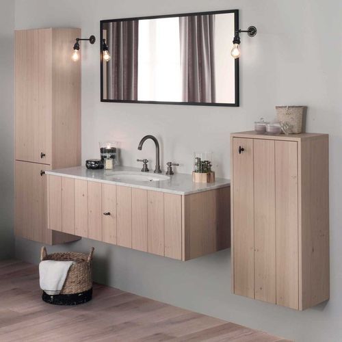 Wall-mounted washbasin cabinet - LODGE - Aqua Prestige - oak / stone / wood veneer