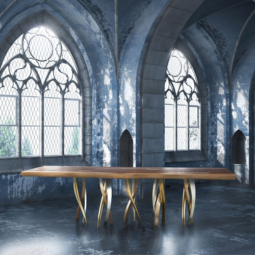 Original design dining table - IL PEZZO 8 - Il Pezzo Mancante - walnut / solid wood / brass base