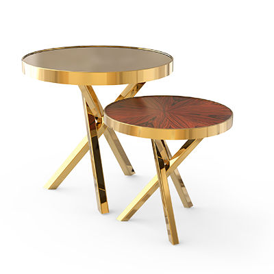 Contemporary side table - WHEEL SET - Bat Eye - wood veneer / polished brass / round
