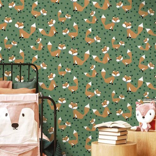 Contemporary wallpaper - MiniMe : VOLPI - Parato - animal motif / children's pattern / green