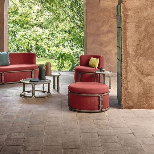 Contemporary pouf - Rotin - Ethimo - fabric / teak / round