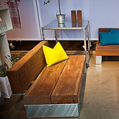 Contemporary garden bench - SLINGER - THORS DESIGN - wooden / steel / with backrest