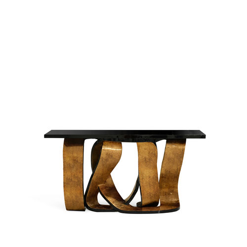 Contemporary sideboard table - RIBBON BROKEN COPPER LEAF - KOKET Love Happens - glossy lacquered wood / wooden base / rectangular