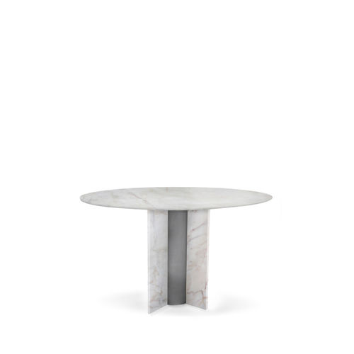Contemporary dining table - PARIS ESTREMOZ MARBLE - KOKET Love Happens - marble / polished stainless steel base / marble base