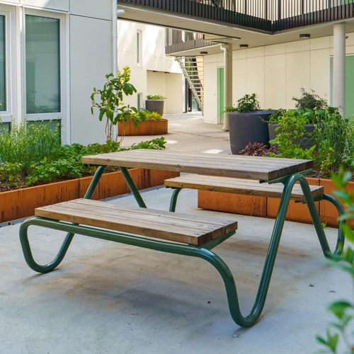 Contemporary picnic table - HVILAN - Vestre - wooden / galvanised steel base / rectangular