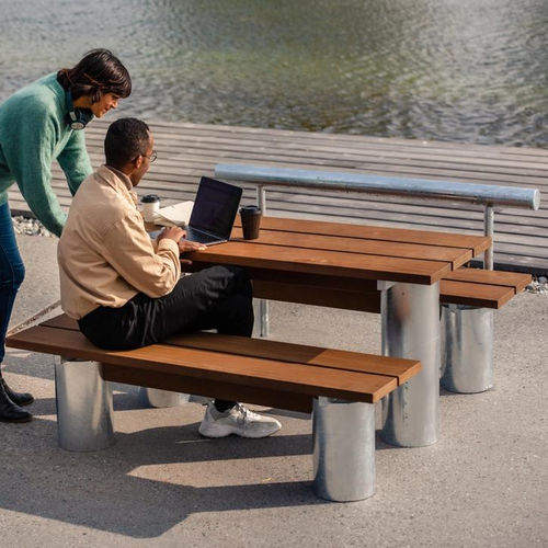 Contemporary table - PLINTH  - Vestre - wooden / galvanised steel base / rectangular