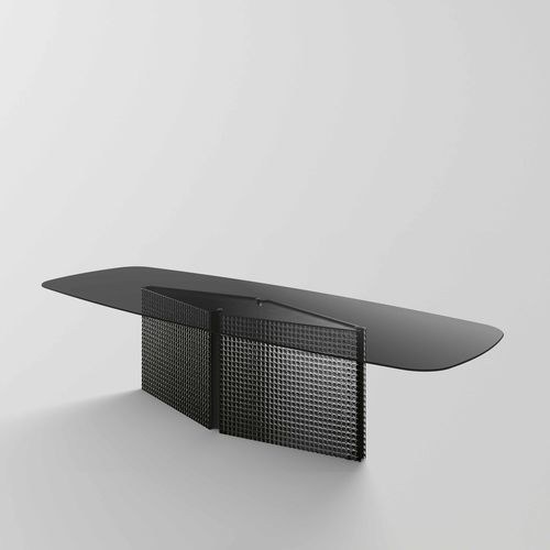Contemporary dining table - BOW - TONELLI Design - tempered glass / steel base / rectangular