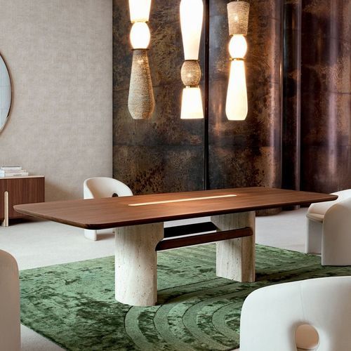 Contemporary dining table - ROCHE BOBOIS - wood veneer / MDF / travertine base