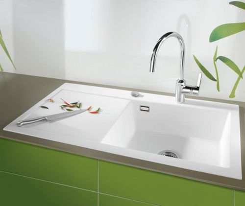 Single-bowl kitchen sink - Mera 100 SL - systemceram GmbH & Co. KG - with drainboard / ceramic / overmount