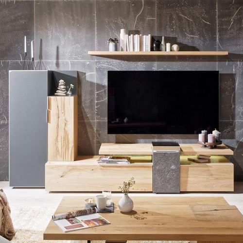 Contemporary TV wall unit - V-Alpin - Voglauer Möbelwerk Gschwandtner & Zwilling GmbH & Co. KG - oak / glass / stone