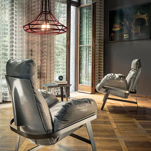 Contemporary armchair - JUPITER - arketipo - cotton / leather / metal
