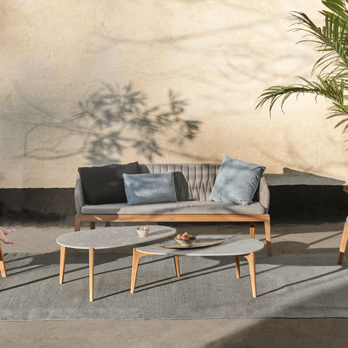 Contemporary upholstered bench - CALYPSO 175 - Royal Botania - fabric / teak base / teak
