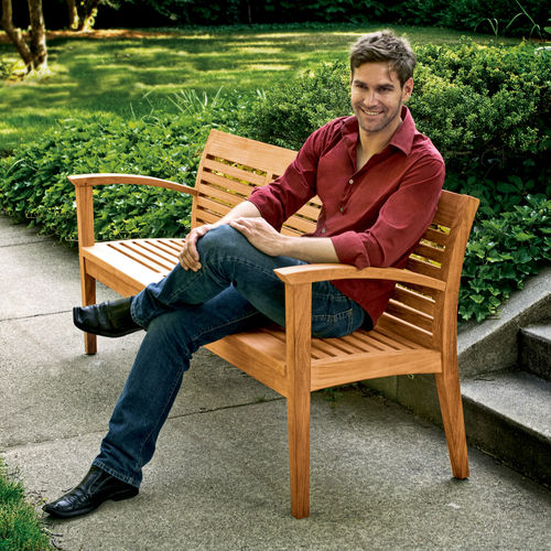 Traditional public bench - WELLSPRING - landscapeforms - wooden / with backrest / with armrests