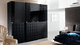 contemporary wardrobe / glossy lacquered wood / leather / sliding door