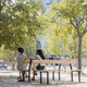 classic public bench / steel / oak / with backrest