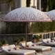 round parasol / mast-centered / teak / thermoplastic