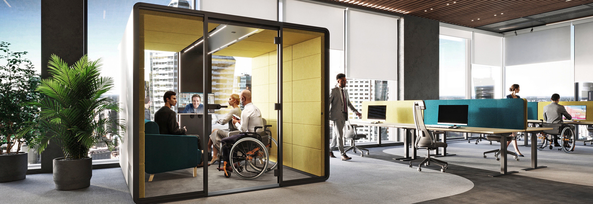 Hushoffice HushAccess.L conference pod adapted to the needs of persons with movement impairments