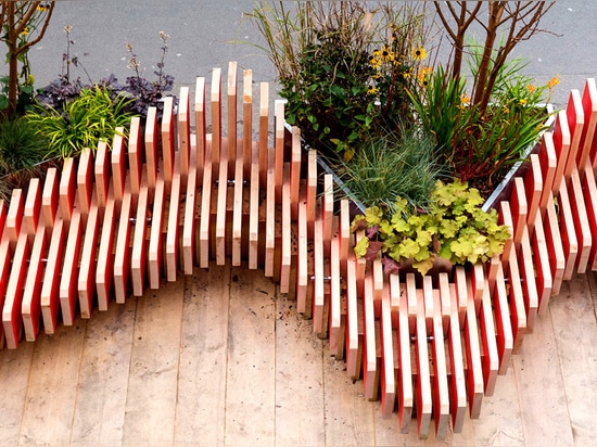 the bench seating is constructed entirely from re-purposed scaffold boards