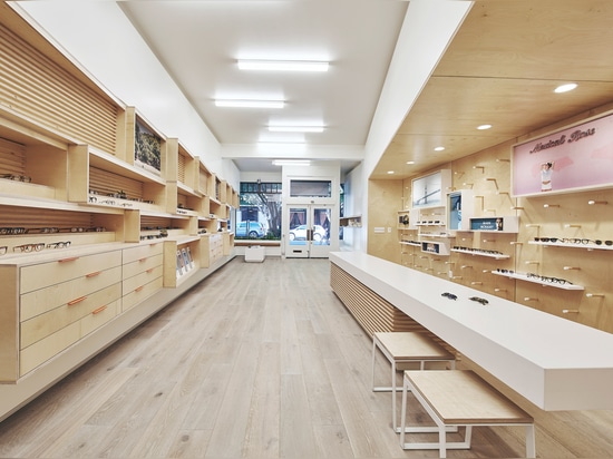 West of West pairs plywood with white surfaces for San Francisco eyewear store