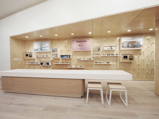 West of West pairs plywood with white surfaces for San Francisco eyewear store