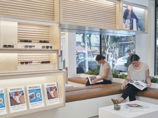 West of West pairs plywood with white surfaces for San Francisco eyewear store