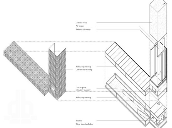 the low-tech kachelofen drastically reduced the construction budget by eliminating the need for air ducts