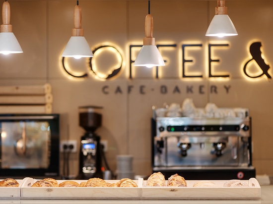 The lights in this cafe are shaped like croissants