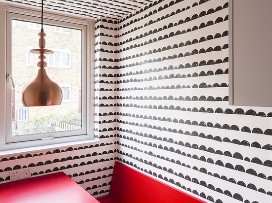 the use of wallpaper differentiates the different uses of the space