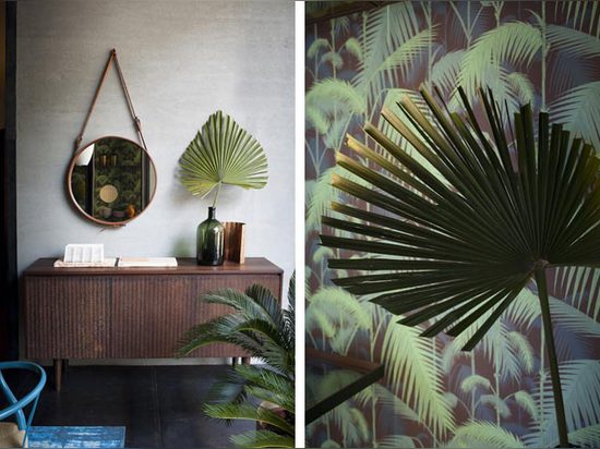 This summer's installation features a luscious palette ranging from sky blue to rainforest green, ocher and terracotta, all set against a canvas of tropical wallpaper by Cole & Son. Left: 'Kalahari...