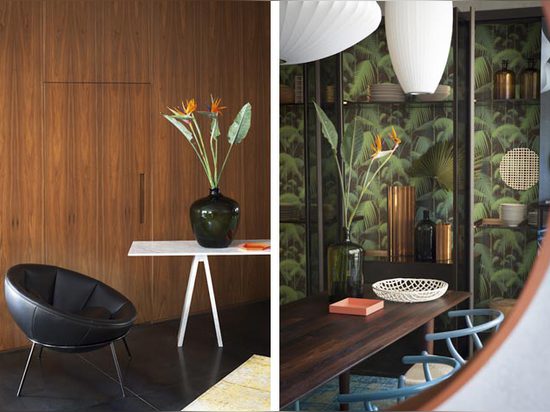 Left: 'Bowl' chair by Lina Bo Bardi, for Arper, 2014; 'Topkapi' console, by Konstantin Grcic, for Marsotto Edizioni, 2012. Right: Hanging in the cabinet and on the table are 'Struttura Spontanea' l...