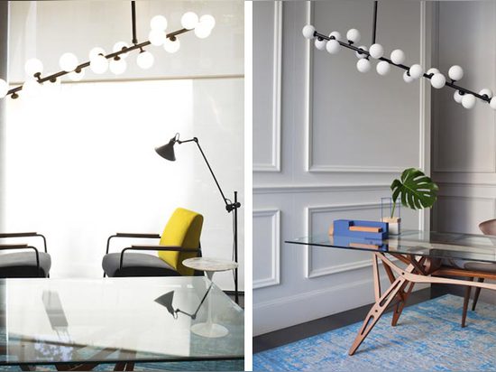 Left: 'Fauteuil de Salon' armchairs by Jean Prouvé upholstered in Kvadrat/Raf Simons fabrics, for Vitra, 2014; 'Lampe Gras' floor lamp by Bernard-Albin Gras and 'Mimosa' pendant lamp, by Atelier Ar...