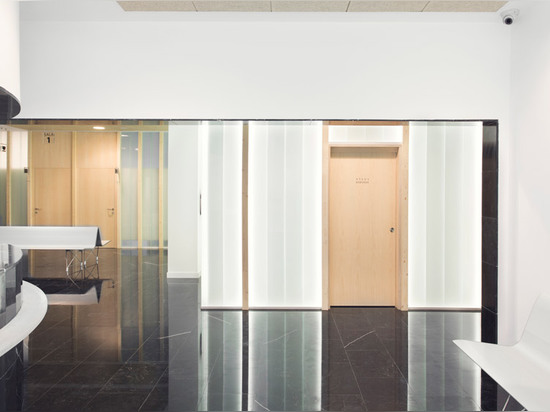 Frosted glass and dark marble walls partition Sendagrup Medical Centre by Pauzarq