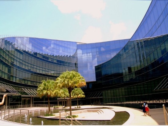 A swirling green roof tops the gorgeous Nanyang Technical University in Singapore