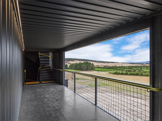 Cumulus Studio uses shipping containers to create lookout tower at a Tasmanian vineyard