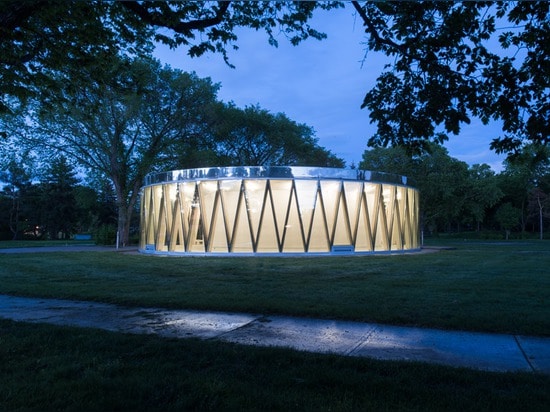 Drum-like pavilion by GH3 creates a glowing presence in a Canadian city park