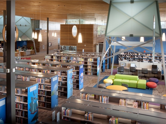 Overall view of book stacks and family reading room