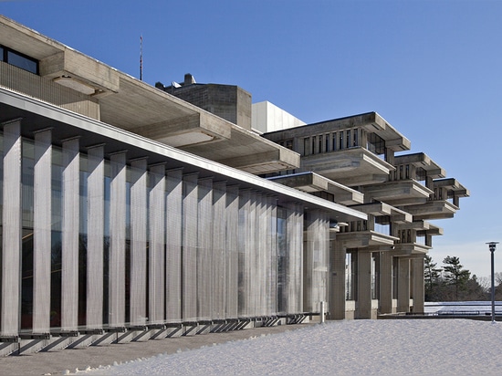 West Addition Façade with original Library beyond, during the day