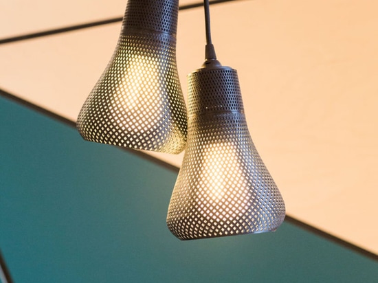 The interior of this cafe is covered in geometric panel shapes