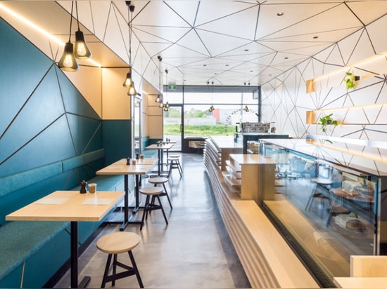 The interior of this cafe is covered in geometric panel shapes