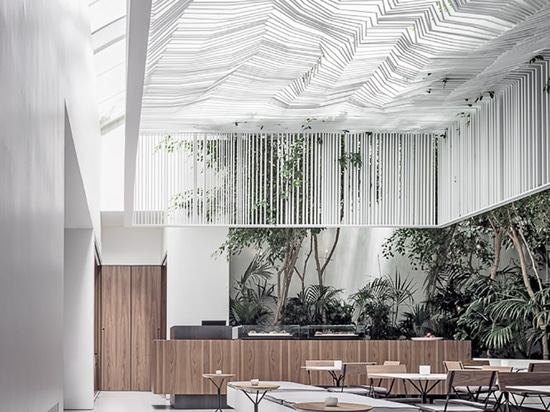 kois associated architects hang sculptural ceiling canopy over museum café in athens