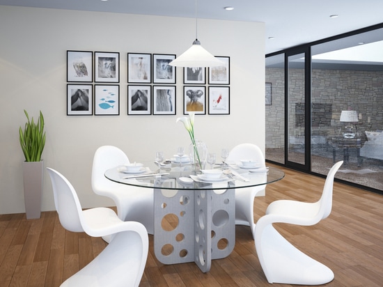 Bubble round concrete table with glass top for dining room