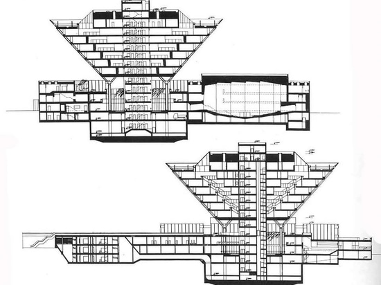 Sections through the inverted pyramid and its low-lying base by architects Štefan Svetko, Štefan Ďurkovič and Barnabáš Kissling.