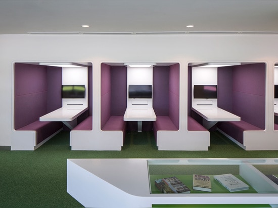 DP Architects and UNStudio, Singapore University of Technology and Design’s academic campus, Singapore. Study and discussion booths add to the range of spaces that facilitate focused and small grou...