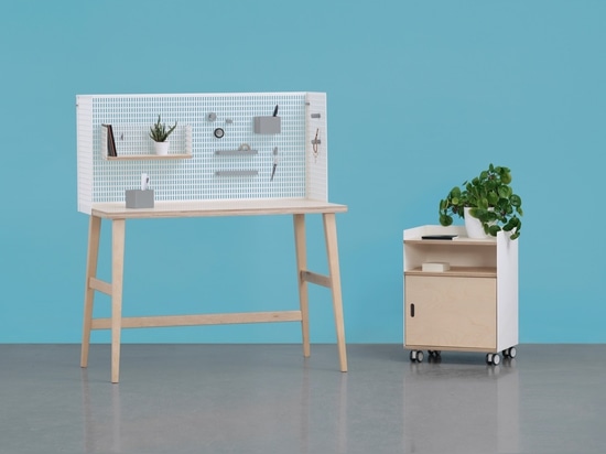 Consisting of desk, cabinet on wheels, wall panels, mirror, mobile shelves and 3D-printed accessories, the Lad modular furniture system by Grynasz Studio for Fam Fara allows unlimited customization...